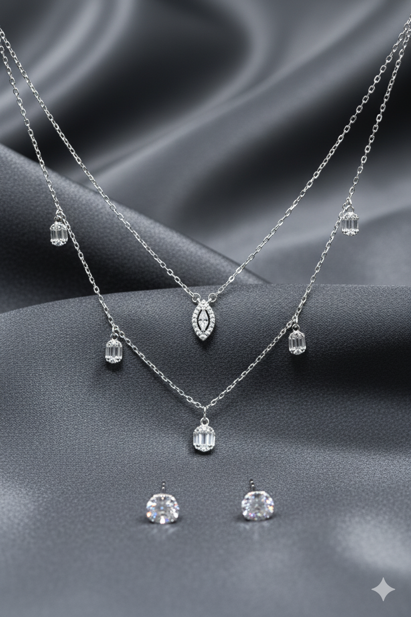 2 Layered Silver Necklace Set