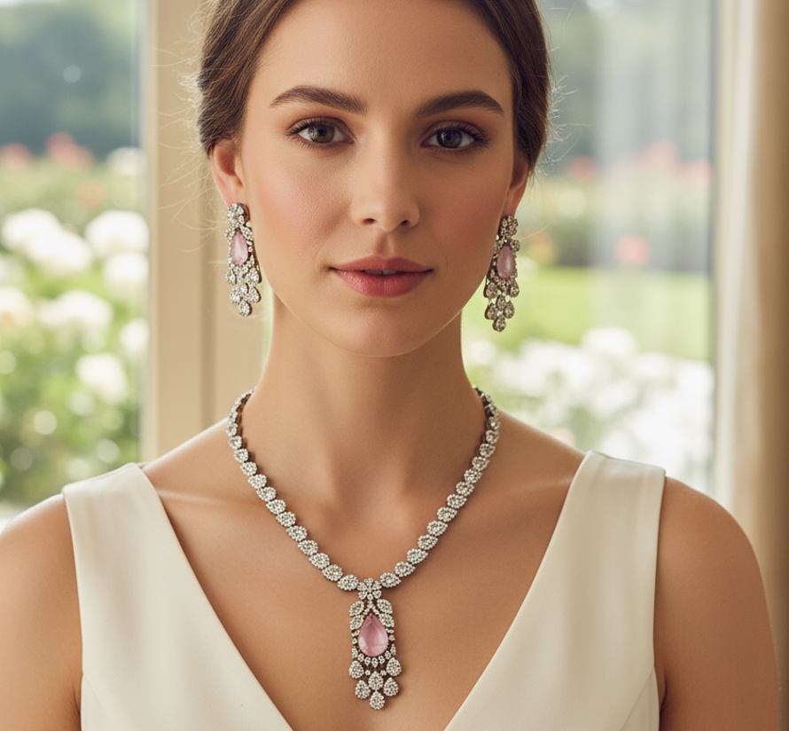 Pink & Emerald Kundan Jewelry Set - Image 2