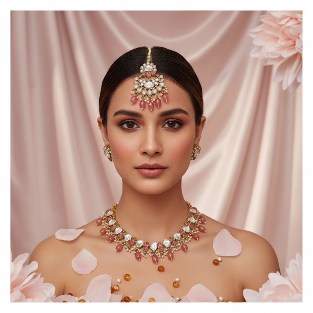 Kundan with Pink Beads Jewelry - Image 2