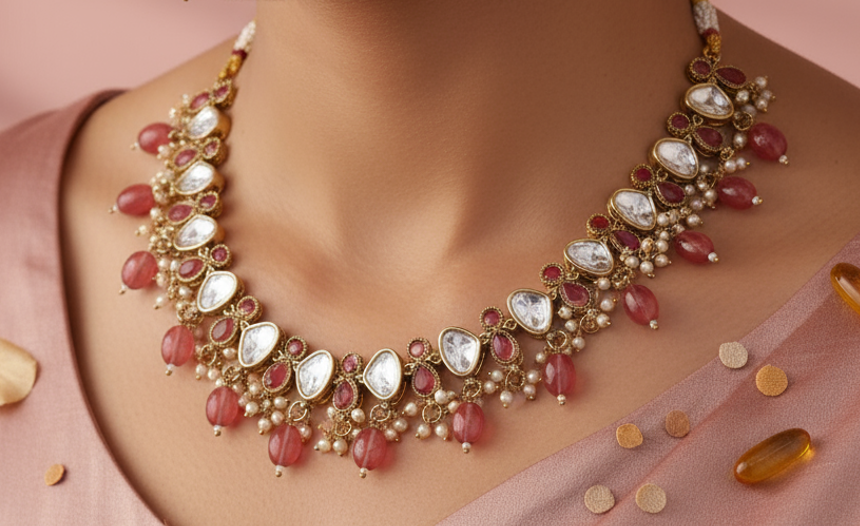 Kundan with Pink Beads Jewelry - Image 3