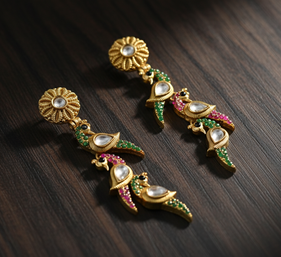 Matte Gold Peacock Statement Earrings