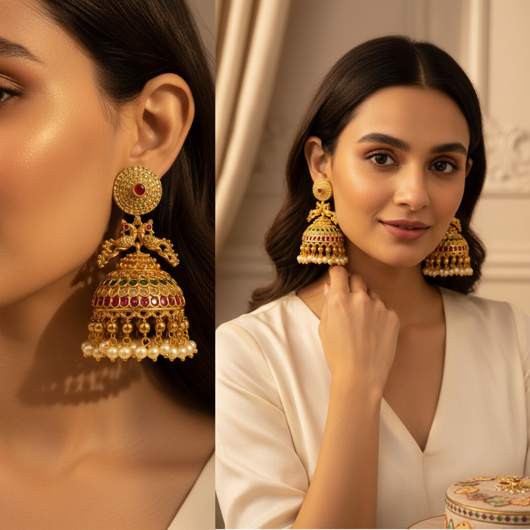 Peacock Charm Kundan Drops - Image 3