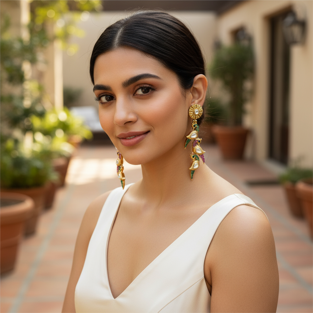 Matte Gold Peacock Statement Earrings - Image 3